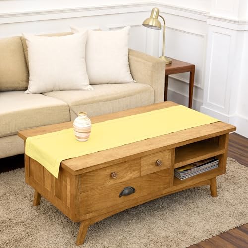 Solino Home Cotton Linen Dining Table Runner Yellow Hemstitch, 14 x 60 in