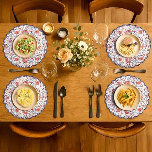 Ridhi Floral Block Print Round Placemats 15 Inch Set-4, Pigeon Blue & Pink