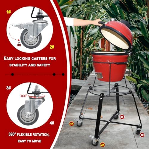 Rolling Cart with Wheels for Kamado Joe JR with Cast Iron Stand, Grill Stand for Kamado Joe Jr Accessories, Rolling Outdoor Cart for Kamado Joe Junior Grill Stand（Match Jr's Original Cast Iron Stand）
