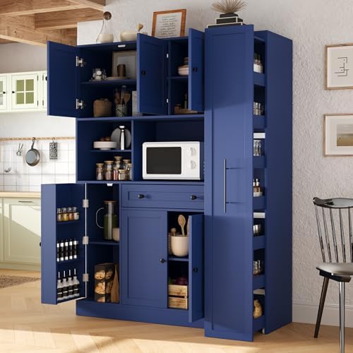 Merax 70'' Tall Traditional Freestanding Buffet with Hutch, Large Kitchen Pantry Storage Cabinet Cupboard with Pull-Out Side Cabinet, Door Shelves and Drawer, Blue