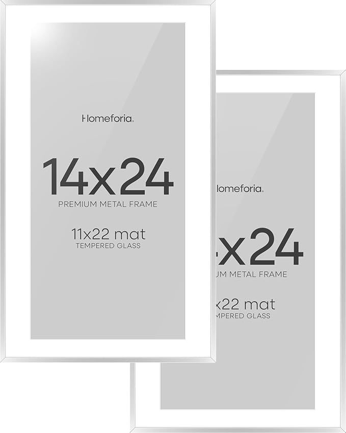 Homeforia 14x24 Picture Frame Silver, High End Metal 14x24 Frames with Mat 11x22 for Photo, 14 x 24 Silver Poster Frame Matted to 11 x 22 Print, 24x14 Hanging Frame, Tempered Glass, Wall Kit, Set of 2