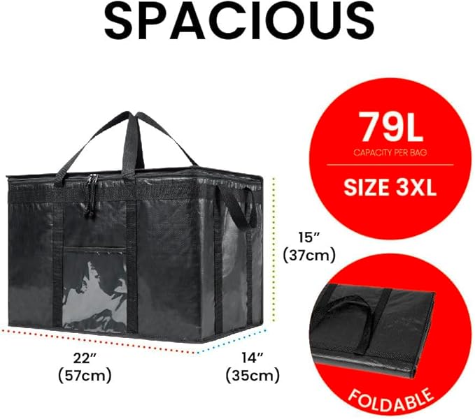 NZ home Insulated Bags for Food Delivery (3XL PRO) Grocery Shopping Cooler Bag, Pizza Delivery, Hot & Cold Catering Tote, Reusable, Foldable & Heavy Duty (2 Pack, Black)
