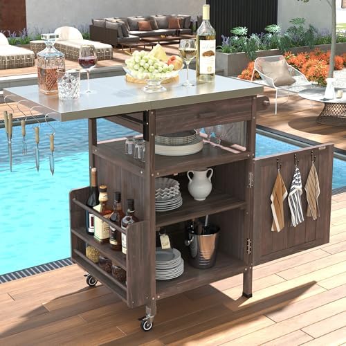 YOPTO 40.5" Outdoor Grill Cart,100% Fir Wood,Stainless Steel Top,Drop Leaf,Lockable Wheels,Towel Rack,Drawer,Rolling Kitchen Cart for Lawn & Garden,Brown