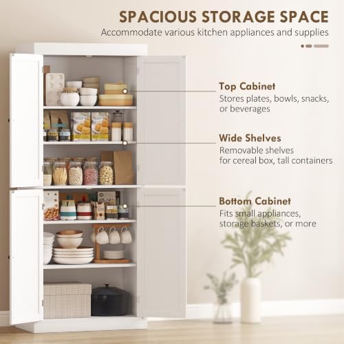 HOMCOM 72.5" Tall Kitchen Pantry Cabinet 4 Doors Modern White Wood Grain