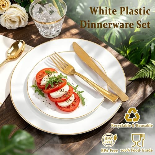 Festiva 175PCS White and Gold Plastic Plates - White with Gold Rim Fall Dinnerware Set - 25Guest include Plates Cups Cutlery Napkins for Birthday Party&Wedding& Thanksgiving