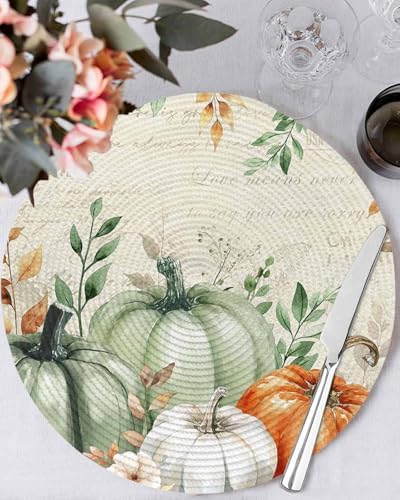 Fall Round Placemats Set of 6 Thanksgiving Sage Green Pumpkin Place Mats Washable Woven Placemat Floral Autumn Eucalyptus Leaves Circle Braided Table Mat for Kitchen Holiday Party Fall Decor 15 Inch