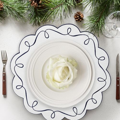 15 Inch Ribbon Twirl Embroidery Round Placemats Set of 4, Scalloped Round Table Mats for Party Kitchen Dining Decoration, Navy