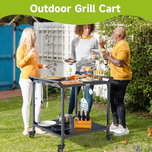 NUUK Outdoor Grill Cart on Wheel 32" x 32", Stainless Steel Pizza Oven Table with Double-Shelf, Rolling Countertop Kitchen Food Prep Cart for Backyard, Garden, Restaurant