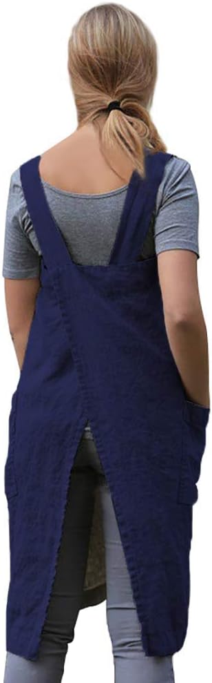 WROLEM Women's Practical Cross Back Pinafore Apron with Large Pockets Home Kitchen,Restaurant,Coffee House,Cooking,Gardening