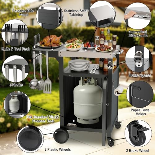 Outdoor BBQ Prep Cart with Storage, Foldable Side Table