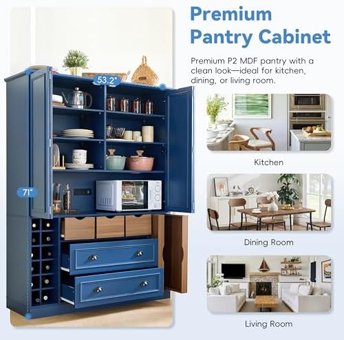 Merax Farmhouse 71" Large Kitchen Pantry Cabinet with Power Outlet, 53.2" Wide Storage Cupboard with 4 Foldable Doors, Adjustable Shelves, Wine Racks & Serving Trays, for Dining Room, Blue