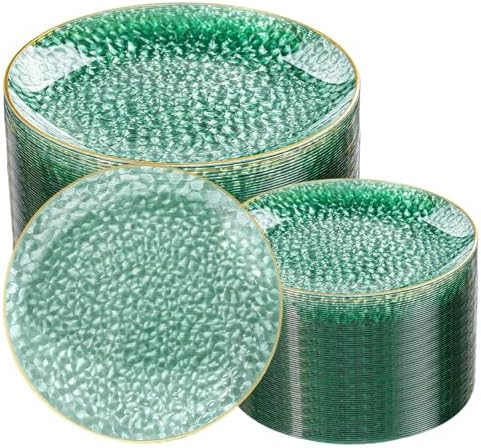 Rubtlamp 100 Clear Green Gold Plastic Plates, Hammered Clear and Gold Disposable Plates Include 50 Dessert Platos, 50 Dinner Platos for Party