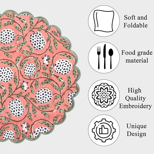 Ridhi Floral Block Print Round Placemats 15 in, Set of 4, Dark Salmon Pink