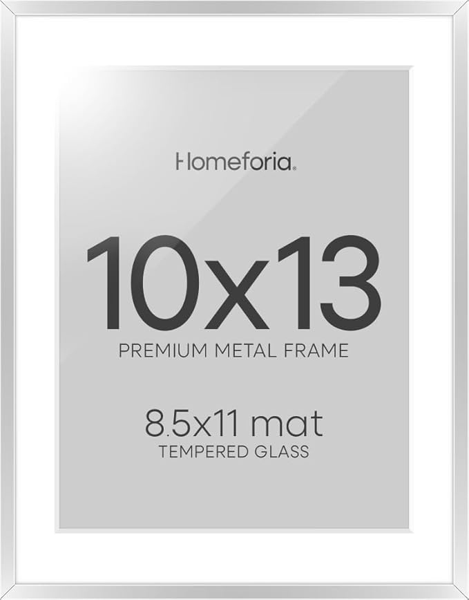 Homeforia 10x13 Picture Frame Silver, High End Metal 10x13 Frames with Mat 8.5x11, 10 x 13 Silver Poster Frames Matted to 8.5 x 11 inch Photo, 10by13 Hanging Frames, Tempered Glass, Wall Kit, Set of 1