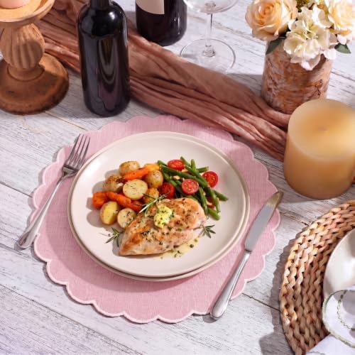 Set of 12 Pink Cotton Placemats 15" Round Scalloped White