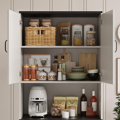 Garvee 70" Kitchen Pantry Cabinet, Farmhouse Tall Pantry Storage with Barn Doors and Adjustable Shelves, Wood Cupboard Locker for Kitchen, Dining Room, Living Room, Garage, White