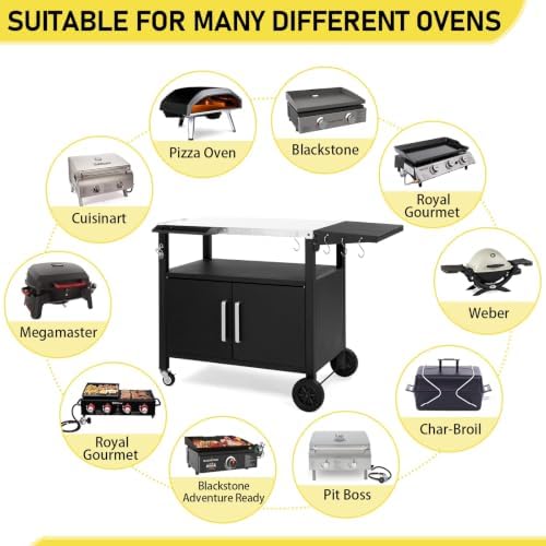 Outdoor Grill Cart with Storage, Foldable Side Shelf & Wheels, Black