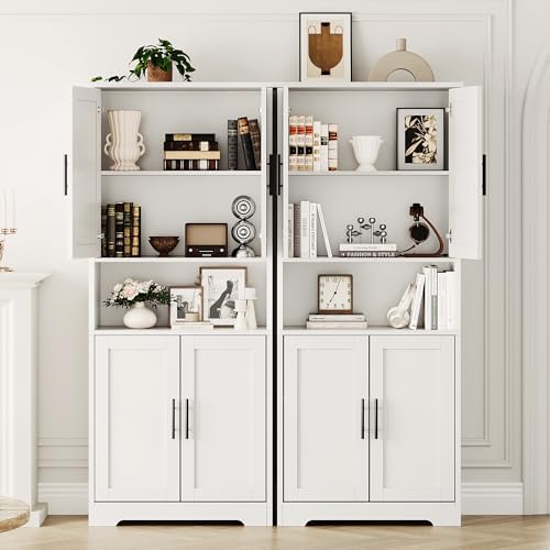 70" Kitchen Pantry Storage Cabinet, Freestanding Buffet Cabinet with Microwave Stand & 4 Door Shelves, Kitchen Hutch with Doors, Adjustable Shelves and Wine Rack,White.