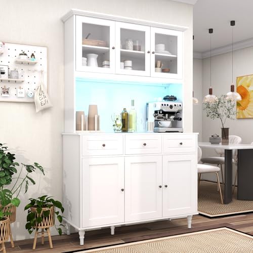 GIANTEX 77” Large Pantry Cabinet, Kitchen Buffet Hutch w/LED Lights 20 Colors, Outlet, 3 Drawers, Microwave Countertop, Freestanding Cupboard with 4 Adjustable Shelves & Tempered Glass Doors (White)
