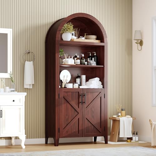 Arched Kitchen Pantry Cabinet with Doors, 5-Tier Walnut Open Display Shelf