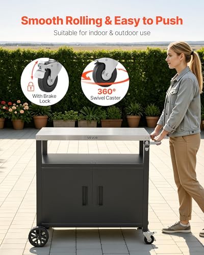 VEVOR Outdoor Grill Cart with Storage Cabinet, 36.4 Inch Grill Table, Waterproof Kitchen Island with Stainless Steel Top, Shelf, and Wheels, Movable Food Prep Station for Patio Bar Backyard BBQ