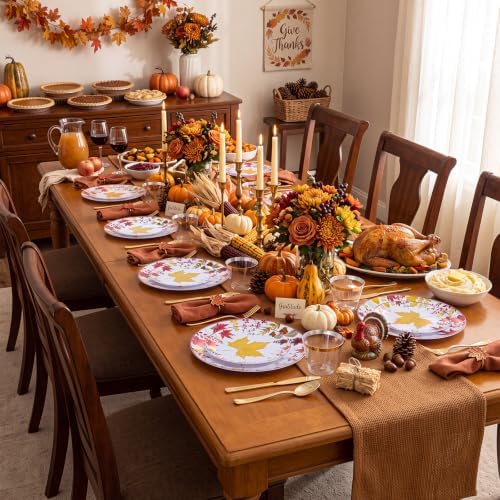 KIRE 150PCS Thanksgiving Plates Dinnerware Maple Leaves - Plastic Thanksgiving Plates with Gold Silverware Include 25Dinner 25Salad 25Forks 25Knives 25Spoons 25Gold Cups