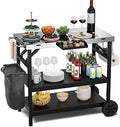 GIANTEX Outdoor Grill Cart with Wheels, Food Prep Table with 3 Storage Shelves, Detachable Spice Rack, Garbage Bag Holder, 4 Hooks, Movable Dining Cart Worktable Trolley for Outside Kitchen BBQ