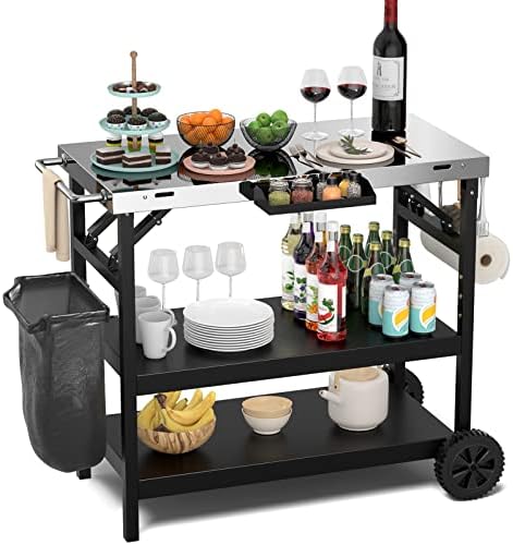 GIANTEX Outdoor Grill Cart with Wheels, Food Prep Table with 3 Storage Shelves, Detachable Spice Rack, Garbage Bag Holder, 4 Hooks, Movable Dining Cart Worktable Trolley for Outside Kitchen BBQ