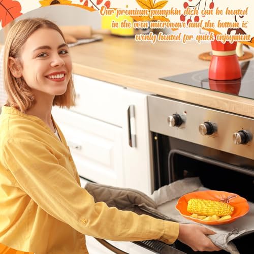 Rtteri 4 Pcs Pumpkin Ceramic Plates 8 Inch Thanksgiving Ceramic Pumpkin Platter Fall Versatile Serving Dish for Salads Fruit Dessert Smooth Textured Dinnerware Thanksgiving Fall Table Decoration