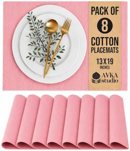 100% Cotton Ribbed Placemats - Set of 8-13 x 19 Inches - Dull Pink - Everyday Basic Cloth Table Mats - Thick Construction, Washable & Reusable Cloth Place Mats - by AVKA Studio