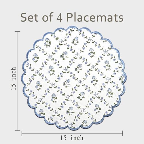 Ridhi Floral Block Print Round Placemats 15 Inch, Set of 4, Powder Blue