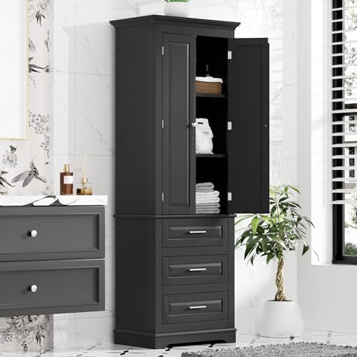 Merax 70" Pantry Cabinet with Two Doors & Three Drawer, Adjustable Shelves Storage Cupboard for Kitchen/Dining Room/Bathroom, Black