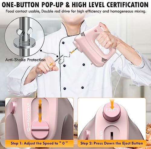 GUALIU Electric Hand Mixer, 304*(2* Beaters, 2* Dough Hooks), (1* Storage Bag) Handheld Mixer for Baking Cakes, Eggs, Cream Food Mixers, Turbo Boost /5 Speed Kitchen Blender PINK