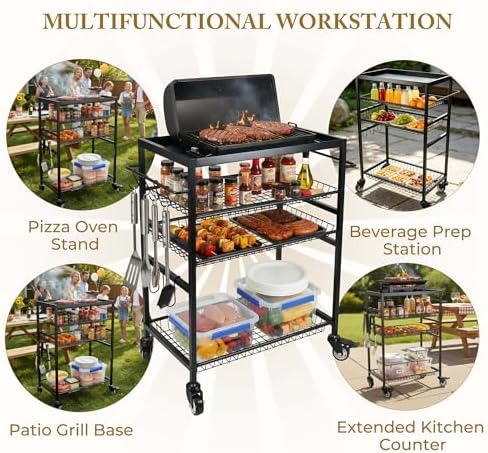 HOSY 4-Tier Rolling Grill Cart with Handle, Heavy-Duty Barbecue Workbench