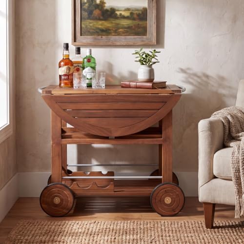 Merax Outdoor Acacia Wood Bar Cart Aluminum Accents with Drop Leaf and Removable Trays for Garden,Patio