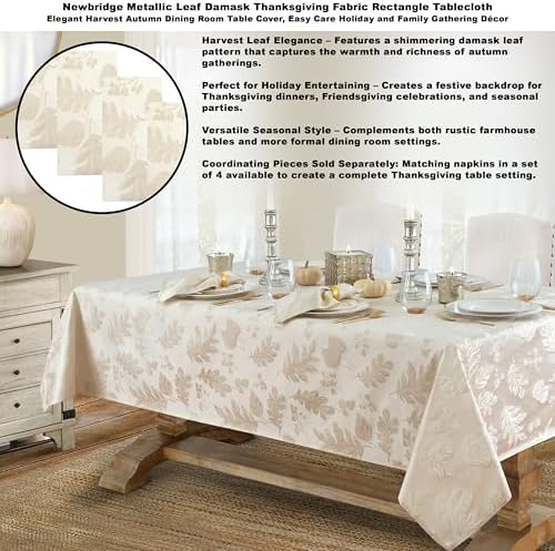 Newbridge Thanksgiving Damask Tablecloth Ivory Gold 52 x 70 Inch Rectangle