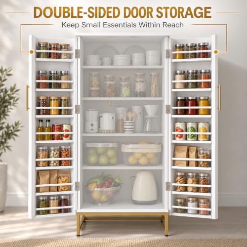 kepptory 51" Kitchen Pantry Cabinet, Freestanding Food Storage Cabinet with Adjustable Shelves and Door Racks, Tall White Kitchen Cupboard with Gold Metal Base and Handles for Dining Room