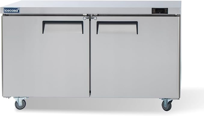 ICECASA 60" W Commercial Refrigerator Worktop Undercounter Refrigerator Double Door Stainless Steel Counter Fan Cooling Refrigerator 16.4 Cu.ft for Restaurant, Bar, Shop, etc