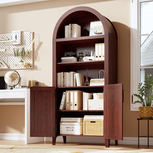 Garvee Arched Cabinet with Doors, 5-Tier Kitchen Pantry Cabinet with Adjustable Shelves, Wooden Open Farmhouse Storage Organizer for Kitchen, Dining Room, Living Room, Home Office, Walnut