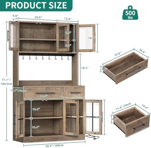 YITAHOME 71" Kitchen Pantry Cabinet with Built-in Power Outlet, Grey Oak