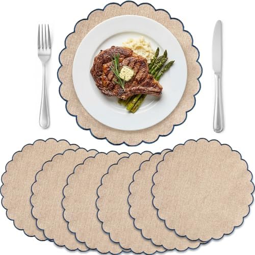 Set of 6 Linen Boho Cotton Placemats 15" Round Scalloped Blue