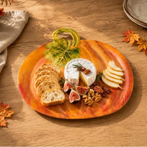 UP Pumpkin Shaped Melamine Serving Platter, Fall Harvest Party Tray, Thanksgiving Table Decor, for Snacks, Appetizers, and Desserts, Orange, 16 x 15.5 Inch