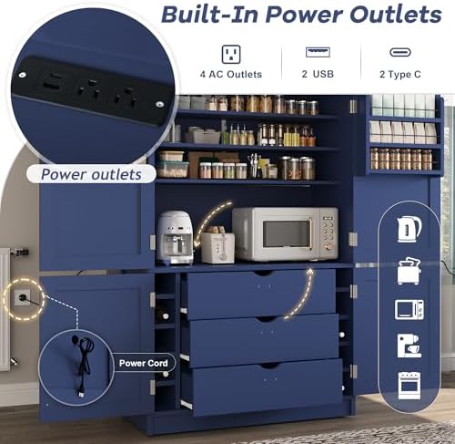 Merax 80" Tall Kitchen Pantry Cabinet with 2 Power Outlets, 41" W Modern Large Freestanding Cupboard with Microwave Stand, Drawers, Adjustable Shelves, Wine Racks & Door-Shelf for Dinner Room, Blue