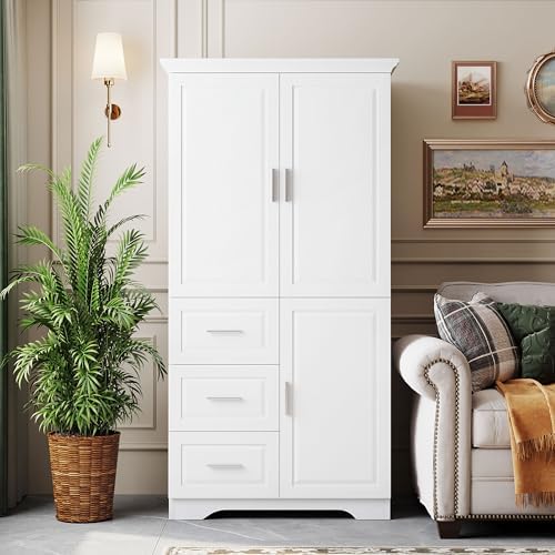 Merax 62.2" Pantry Cabinet with Three Doors & Three Drawers, Adjustable Shelves Storage Cupboard for Kitchen/Dining Room/Bathroom, White