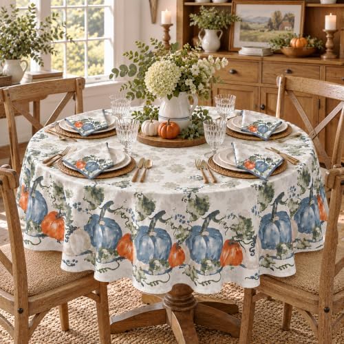 Newbridge Thanksgiving Blue Pumpkin Vines Tablecloth 70 Inch Round