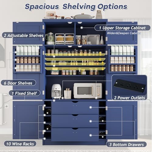 Merax 80" Tall Kitchen Pantry Cabinet with 2 Power Outlets, 41" W Modern Large Freestanding Cupboard with Microwave Stand, Drawers, Adjustable Shelves, Wine Racks & Door-Shelf for Dinner Room, Blue