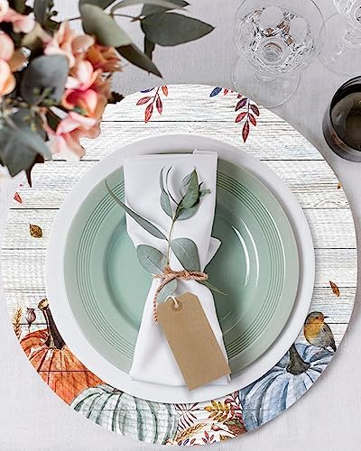 Round Placemats Set of 8 Harvest Pumpkin Fall Place Mats Autumn Maple Leaves Bird Circle Braided Placemat Heat Resistant Table Mat for Thanksgiving Autumn Harvest Holiday Decorations, 15 Inch