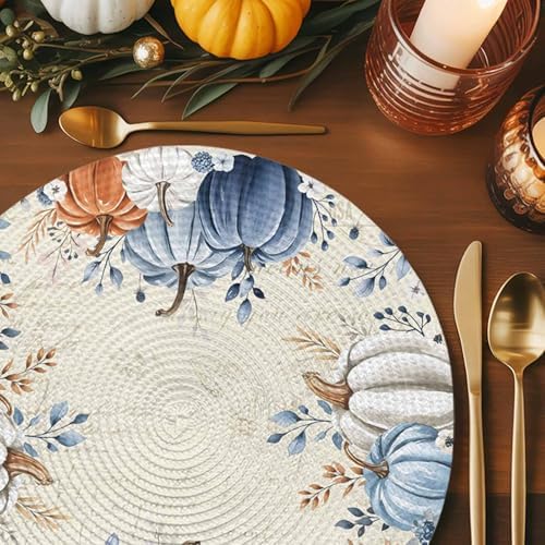 Fall Round Placemats Set of 6 Pumpkin Blue Orange Thanksgiving Place Mats Washable Woven Placemat White Pumpkin Leaves Circle Braided Table Mat for Kitchen Dining Table Holiday Party Decor 15 Inch
