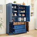 Merax Farmhouse 71" Large Kitchen Pantry Cabinet with Power Outlet, 53.2" Wide Storage Cupboard with 4 Foldable Doors, Adjustable Shelves, Wine Racks & Serving Trays, for Dining Room, Blue