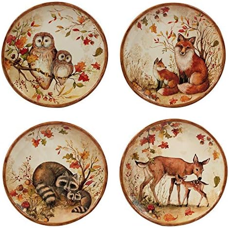 Pine Forest 10.5" Ceramic Dinner Plates, Set of 4 – Autumn Woodland Wildlife Plates with Deer, Fox, Owl & Raccoon – Great for Fall Entertaining, Thanksgiving, Rustic Table Décor